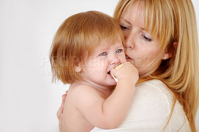 Buy stock photo Woman, carrying and baby in home for love or safety care, childhood development and motherhood parenting. Female person, daughter and security support or play toy, together trust or bonding holding
