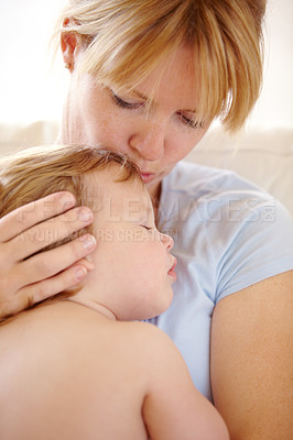 Buy stock photo Woman, baby and sleep on chest for relax or home childhood development, peace or mother love. Female person, kid and nap for secure safety or bonding parenting for young care, comfort or tired rest