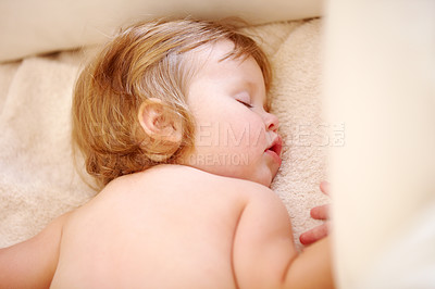 Buy stock photo Closeup, baby and face for sleep on bed from good dream, nap or rest in nursery. Toddler, relaxing or peaceful on pillow, blanket or cozy for child growth, tired or development for future in home