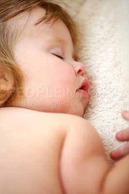 Buy stock photo Closeup, baby and face for sleeping in nursery on bed for good dream, nap or rest. Toddler, little girl and relaxing on pillow for child growth with love, care and support for , cognitive development