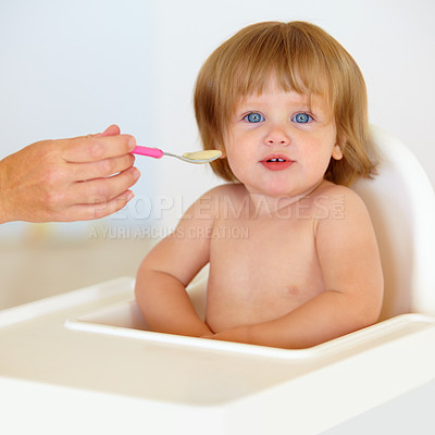 Buy stock photo Baby, chair and eating food or portrait for healthy dinner or childhood development, hungry on spoon. Hand, feeding seat and kid face for lunch time or nutrition vitamins, breakfast or parent care