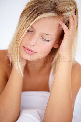 Buy stock photo Person, morning and headache in home bedroom for depression, anxiety and burnout fail. Stress, frustrated and tired woman in house for mental health, migraine and pain from mistake, crisis and trauma
