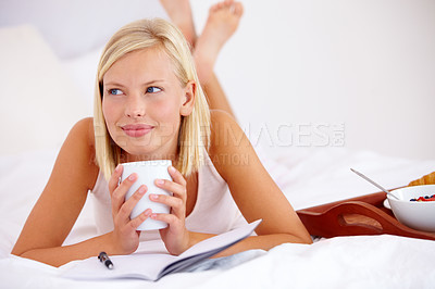 Buy stock photo Woman, bed and thinking with breakfast, coffee and smile for plan, notebook and bedroom for journaling. Food, fruits and croissant with beverage, nutrition or healthy diet in home, rest and happy