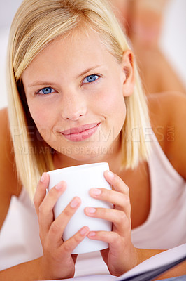 Buy stock photo Portrait, home and woman with a coffee, morning and relax with a smile, happiness and start the day. Face, person and girl with tea, break and weekend with caffeine, calm and cappuccino with peace
