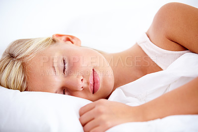 Buy stock photo Bedroom, woman and sleeping with peace, tired and home with comfort, pillow and resting while dreaming. Mockup space, fatigue and exhausted person, taking a nap with a comfortable blanket and relax