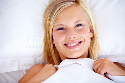 Buy stock photo Women, smile and bed in morning, portrait and ready for day with happiness, positive and joyful. Comfortable, bedroom and relaxing for healthy rest, pillow and blanket from above, alone and wake up