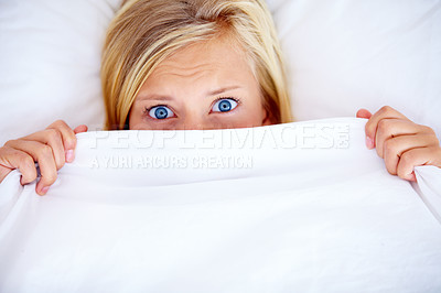 Buy stock photo Portrait, bedroom and blanket with woman, fear and scared with anxiety, expression and emotion. Face, person and girl with a sheet, home and depression with stress, mental health and insomnia