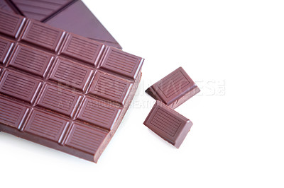 Buy stock photo Milk chocolate, studio candy and cacao sweets for delicious swiss bar, wellness and dark cocoa grid slab, tasty dessert or snack. Junk food, sugar treat and luxury premium product on white background