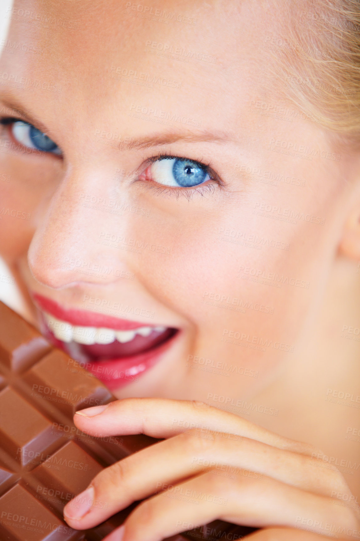 Buy stock photo Studio portrait, woman and eating chocolate slab bar, taste snack or unhealthy junk food, dessert or sugar candy. Wellness craving, closeup beauty face or person bite tasty sweets on white background