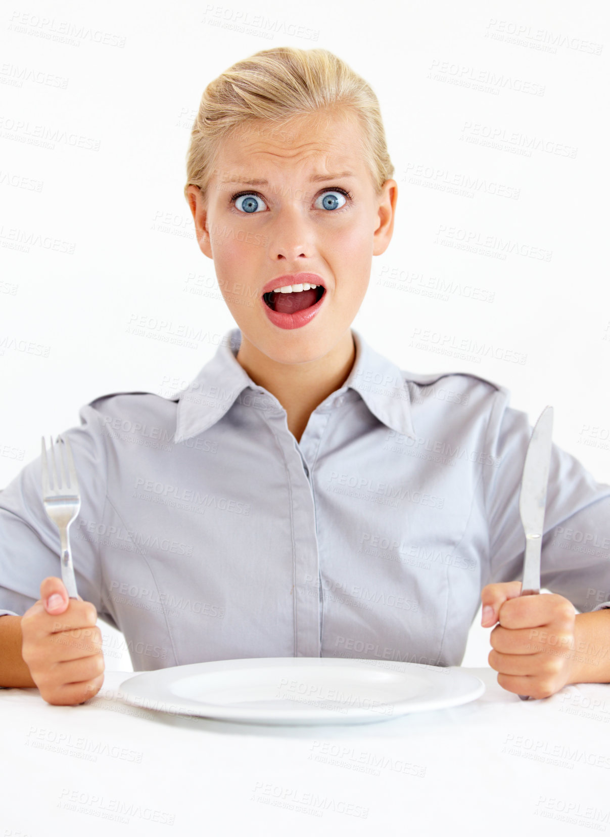 Buy stock photo Portrait, surprise and woman with empty plate, reaction and emotion isolated on white studio background. Face, person and model with utensils, fork and knife with mockup space, shocked and expression