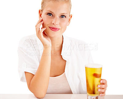 Buy stock photo Woman, portrait and happy with beer drink in studio for weekend relax, summer beverage on white background. Female person, face and model or alcohol glass as pint enjoyment, lager or mockup space