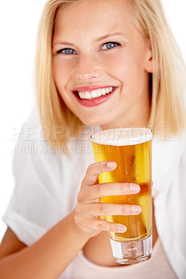 Buy stock photo Shot of a young woman enjoying a drink