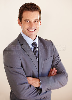 Buy stock photo Business man, arms crossed and smile with portrait in studio for pride, suit and confident by white background. Entrepreneur, financial advisor or accountant with corporate clothes, happy and fashion