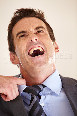 Buy stock photo Business man, stress and pull collar for shout, stress or mental health in crisis, worry or thinking. Entrepreneur, depression and anxiety for financial crash, compliance or mistake with fail at job