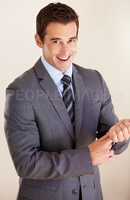 Buy stock photo Business man, smile and studio portrait for pride, economy or confident by white background. Entrepreneur, financial advisor or accountant in corporate suit, career and fashion for investment agency