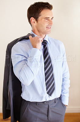 Buy stock photo Business man, ideas and suit in studio in jacket, corporate clothes and problem solving by white background. Entrepreneur, financial advisor and smile for strategy, thinking and investment agency