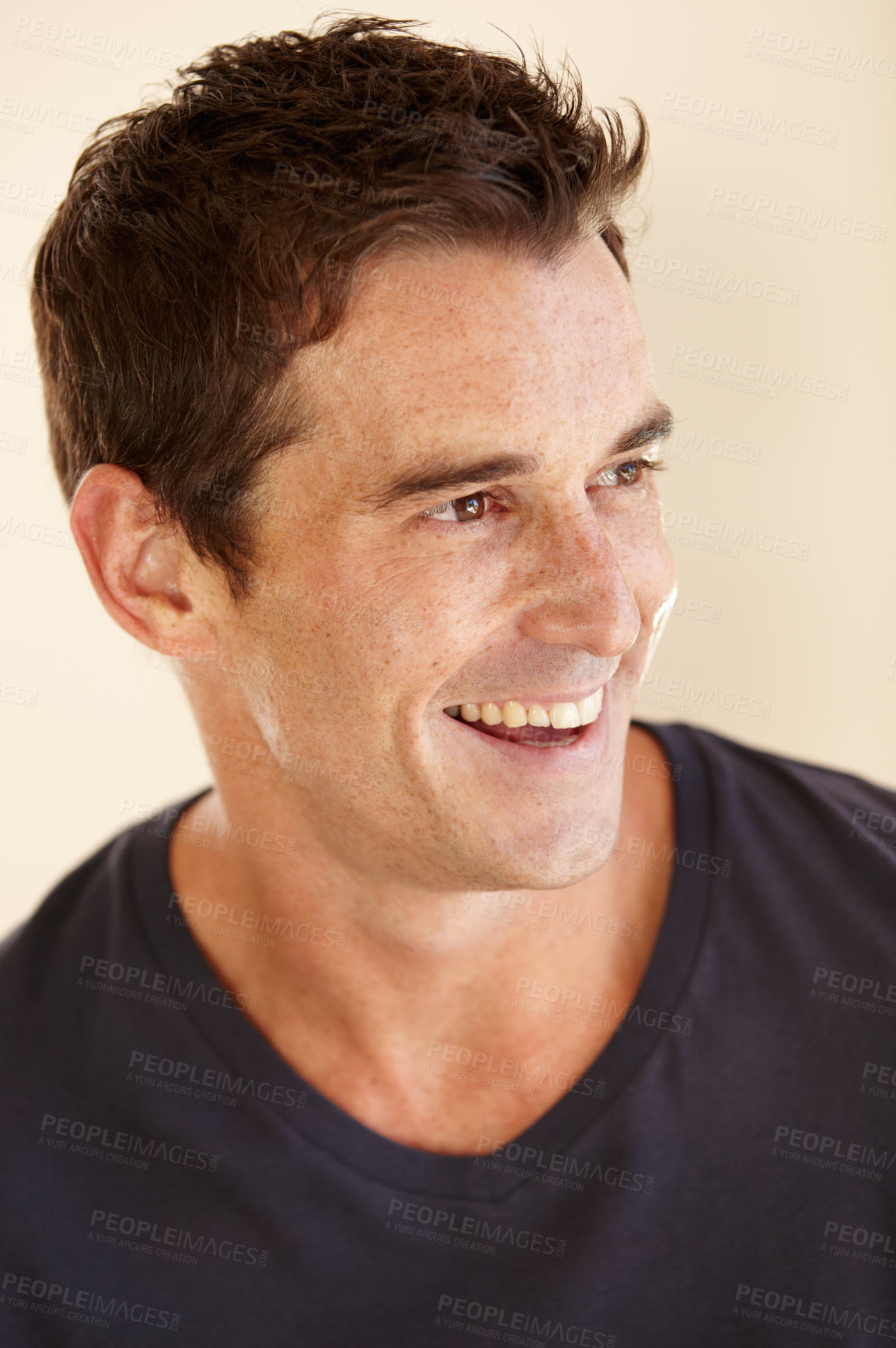Buy stock photo Fashion, happy and face of man relax with trendy clothes, casual outfit and style in studio. Smile, weekend and closeup of person with confidence, positive attitude and happiness on color background
