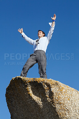 Buy stock photo Businessman, success and freedom on cliff with sky, rock and peak of mountain in nature. Happy, person and celebration of winning an achievement, challenge or climbing in business and career progress