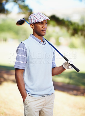 Buy stock photo Sports, relax and health with black man on golf course for training, competition and game. Hobby, fitness and exercise with male golfer and club in outdoors for golfing, summer and workout practice