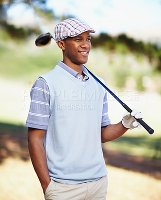 Buy stock photo Sports, relax and happy with black man on golf course for training, competition and game. Happiness, fitness and smile with male golfer and club in outdoors for golfing, summer and workout practice