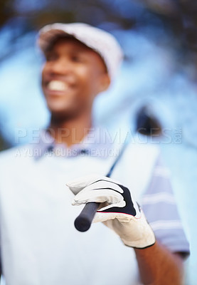 Buy stock photo Sports, club and hand with black man on golf course for training, competition and game. Happiness, fitness and relax with male golfer in outdoors for golfing, summer and workout practice