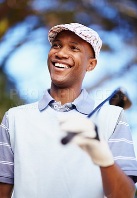 Buy stock photo Sports, smile and happy with black man on golf course for training, competition and game. Happiness, fitness and relax with male golfer and club in outdoors for golfing, summer and workout practice