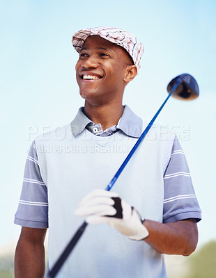 Buy stock photo Sports, game and happy with black man on golf course for training, competition and smile. Happiness, fitness and relax with male golfer and club in outdoors for golfing, summer and workout practice