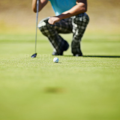 Buy stock photo Sports, lawn and closeup of athlete with golf ball for competition, tournament or event. Fitness, grass and zoom of male player or golfer with equipment for game on an outdoor course or pitch.