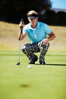 Buy stock photo Sports, golf hole and man on course for playing game, practice and training for competition. Recreation, golfer and person focus on grass for tee, ball and golfing club for winning stroke or score