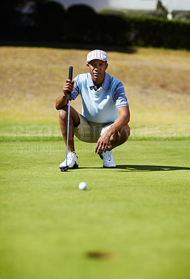 Buy stock photo Sports, golf hole and black man on course for playing game, practice and training for competition. Recreation, golfer and person on grass for tee, ball and golfing club for winning stroke or score