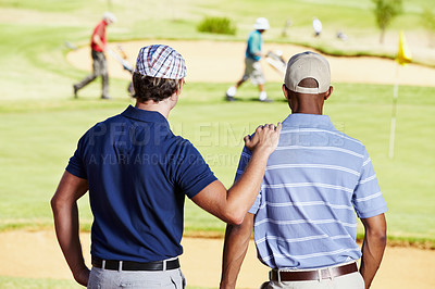 Buy stock photo Fitness, golf and athletes in discussion on field writing notes for competition or tournament strategy. Sports, smile and professional happy male players talking for hobby on an outdoor course.