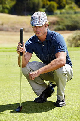 Buy stock photo Sports, thinking and man on golf course with club for playing game, practice and training for competition. Professional golfer, grass and person focus with golfing driver for winning stroke or score
