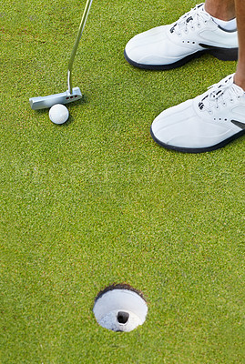 Buy stock photo Sports, golf hole and shoes of person on course playing game, practice and training for competition. Professional golfer, grass and closeup of tee, ball and golfing club for winning stroke or score
