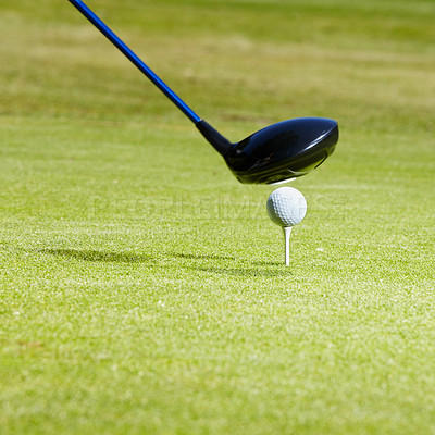 Buy stock photo Sports, golf and ball on course with club for playing game, practice and training for competition. Professional golfer, grass and closeup of golfing driver for winning stroke or score for tournament