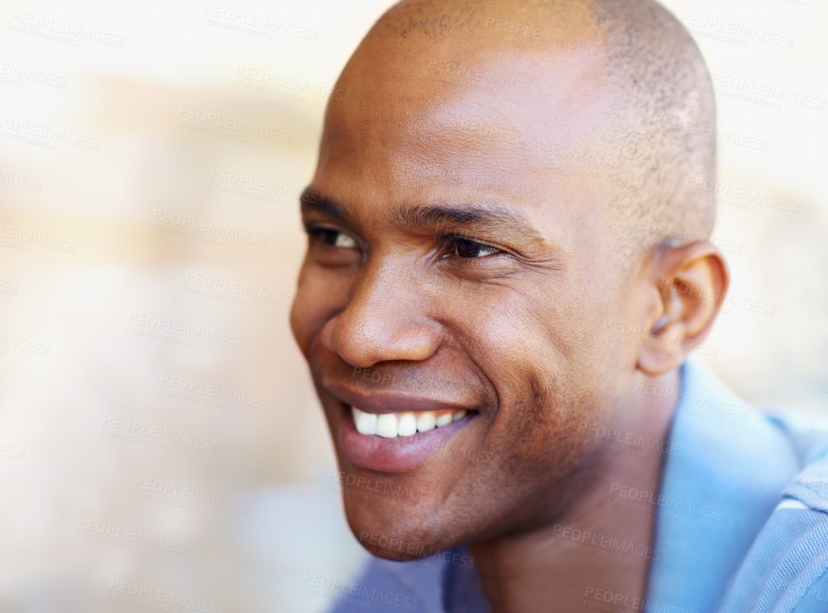 Buy stock photo Happy, laugh and face of black man with smile for positive attitude, cheerful and joy outdoors. Happiness, closeup and person with blurred background for relaxing, adventure and carefree mindset