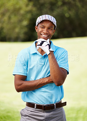 Buy stock photo Thinking, sports and man golfer with smile for positive, good and confident attitude on field. Happy, fitness and African male athlete or player on an outdoor course for tournament or competition.