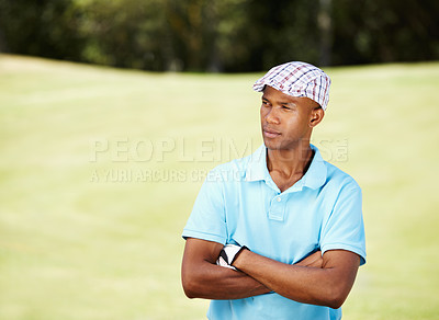 Buy stock photo Crossed arms, sports and man golfer thinking with confident, good and positive attitude on field. Happy, fitness and African male athlete or player on an outdoor course for tournament or competition.