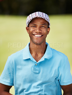 Buy stock photo Smile, sports and portrait of man golfer with positive, good and confident attitude on field. Happy, fitness and African male athlete or player on an outdoor course for tournament or competition.