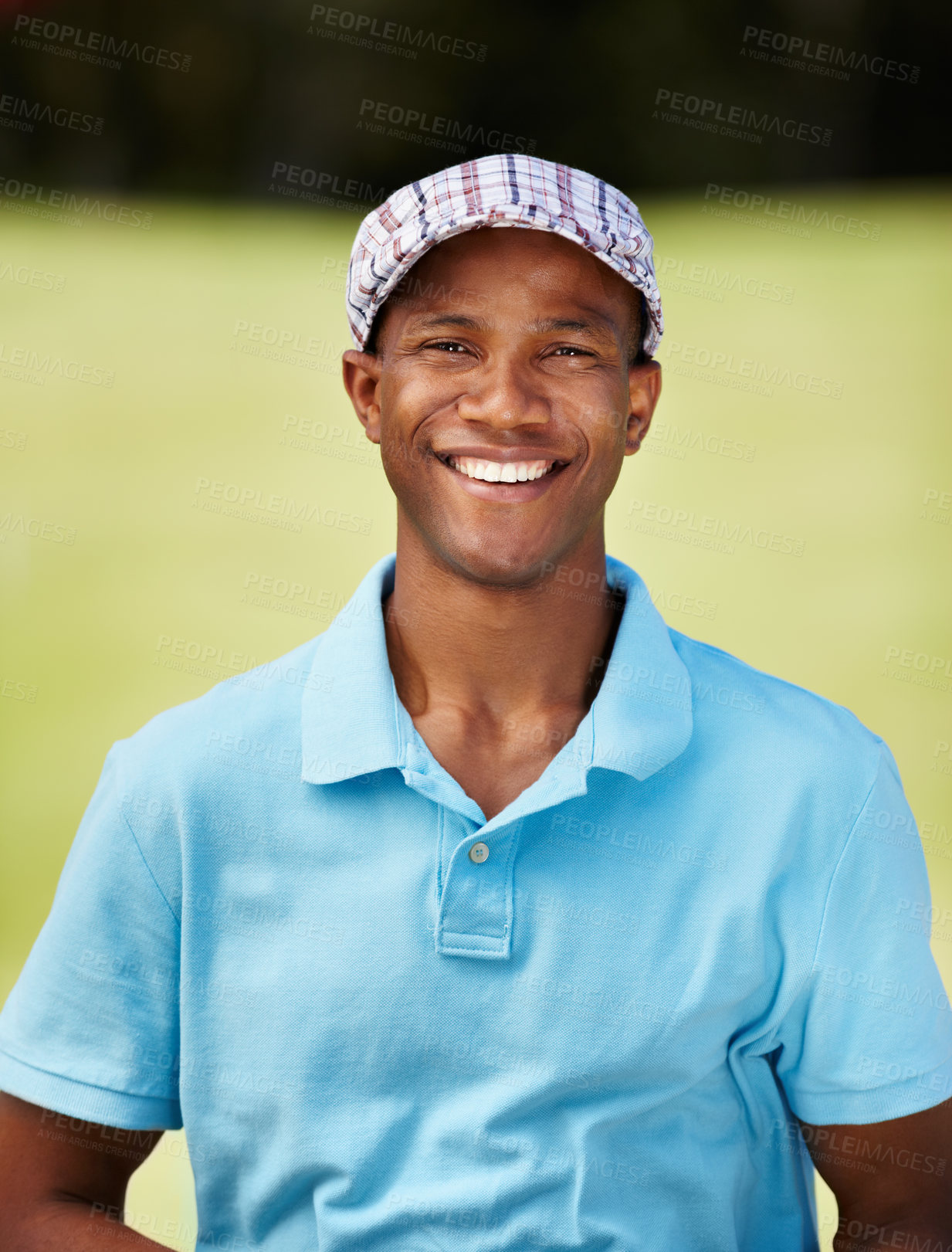 Buy stock photo Smile, sports and portrait of man golfer with positive, good and confident attitude on field. Happy, fitness and African male athlete or player on an outdoor course for tournament or competition.