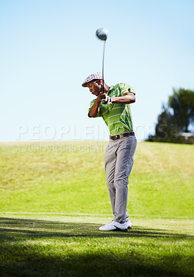 Buy stock photo Sports, golf swing and black man with stroke in game, match and competition on golfing course. Recreation, hobby and male athlete with club driver on grass for training, fitness and golfer practice