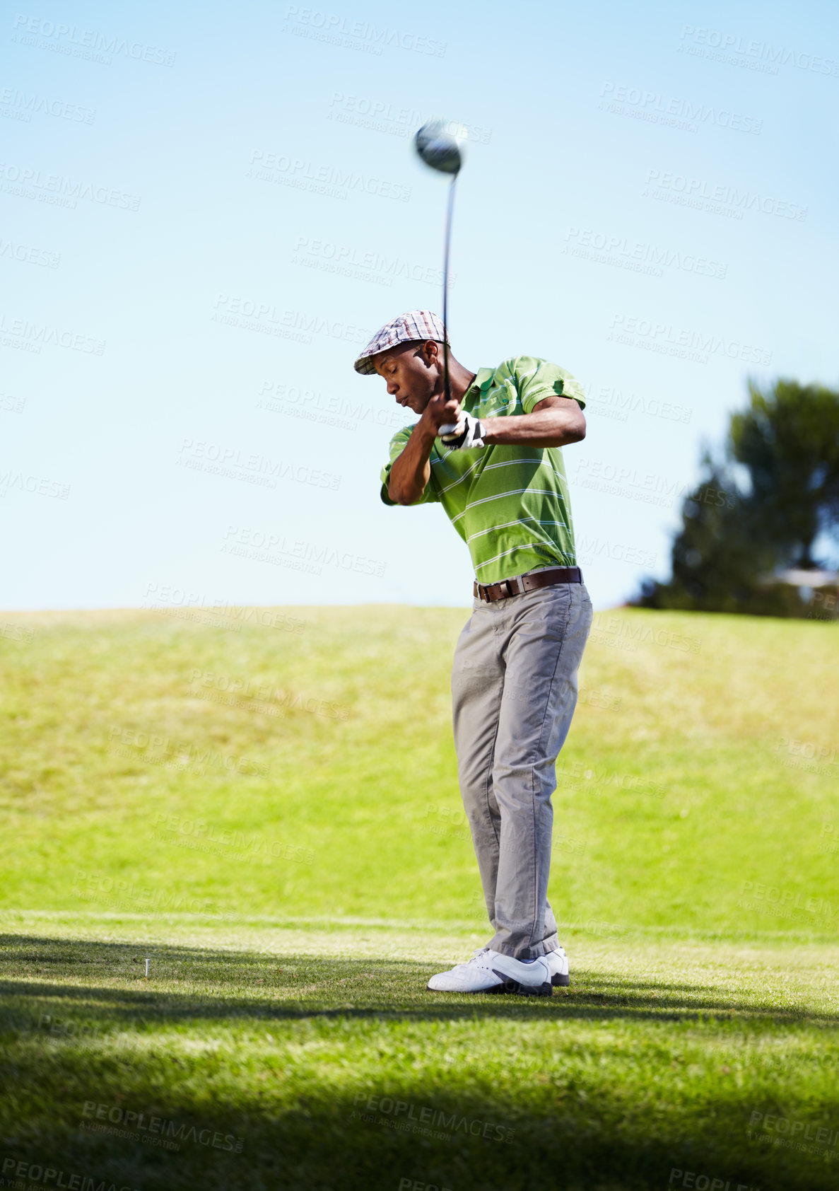 Buy stock photo Sports, golf swing and black man with stroke in game, match and competition on golfing course. Recreation, hobby and male athlete with club driver on grass for training, fitness and golfer practice