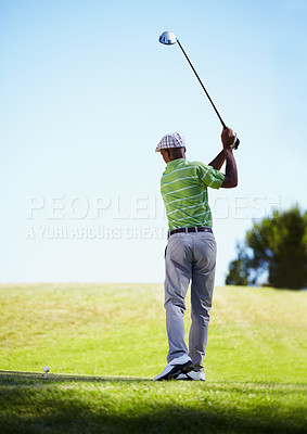 Buy stock photo Sports, golf and black man ready for stroke in game, match and competition on golfing course. Recreation, hobby and male athlete in action with club driver on grass for training, fitness and practice