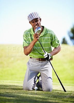Buy stock photo Sports, golf and black man with anger for loss in game, match and competition on golfing course. Recreation, hobby and upset, angry and mad male athlete on grass for failing, mistake and frustrated