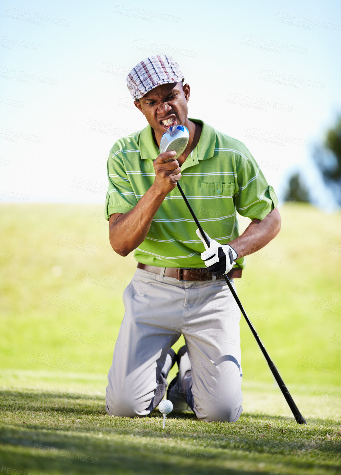 Buy stock photo Sports, golf and black man with anger for loss in game, match and competition on golfing course. Recreation, hobby and upset, angry and mad male athlete on grass for failing, mistake and frustrated