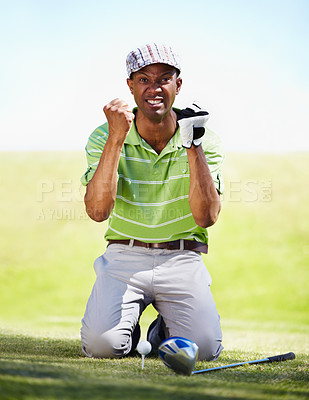 Buy stock photo Sports, golf and portrait of black man with anger in game, match and competition on golfing course. Recreation, hobby and upset, angry and mad male athlete on grass for loss, mistake and frustrated