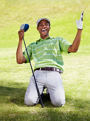 Buy stock photo Portrait, golf and black man with celebration for winning in game, match or competition on golfing course. Sports, excited or winner golfer athlete cheering on grass for training, fitness or practice