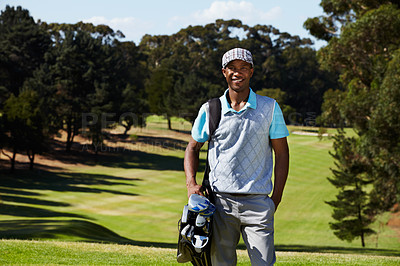 Buy stock photo Smile, sports and portrait of man golfer with positive, good and confident attitude on field. Happy, fitness and African male athlete with equipment on an outdoor course for tournament or competition