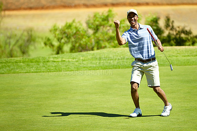 Buy stock photo Full length shot of a golfer celebrating a great shot