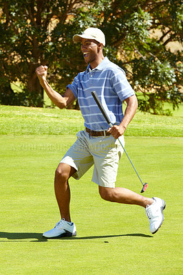 Buy stock photo Sports, golf and black man with celebration for winning in game, match and competition on golfing course. Success, excited and happy male athlete cheering on grass for training, fitness and practice