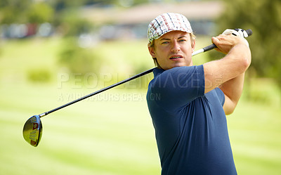 Buy stock photo Sports, swing and man on golf course with club for playing game, practice and training for competition. Professional golfer, grass and person with golfing driver for winning with hit, stroke or score